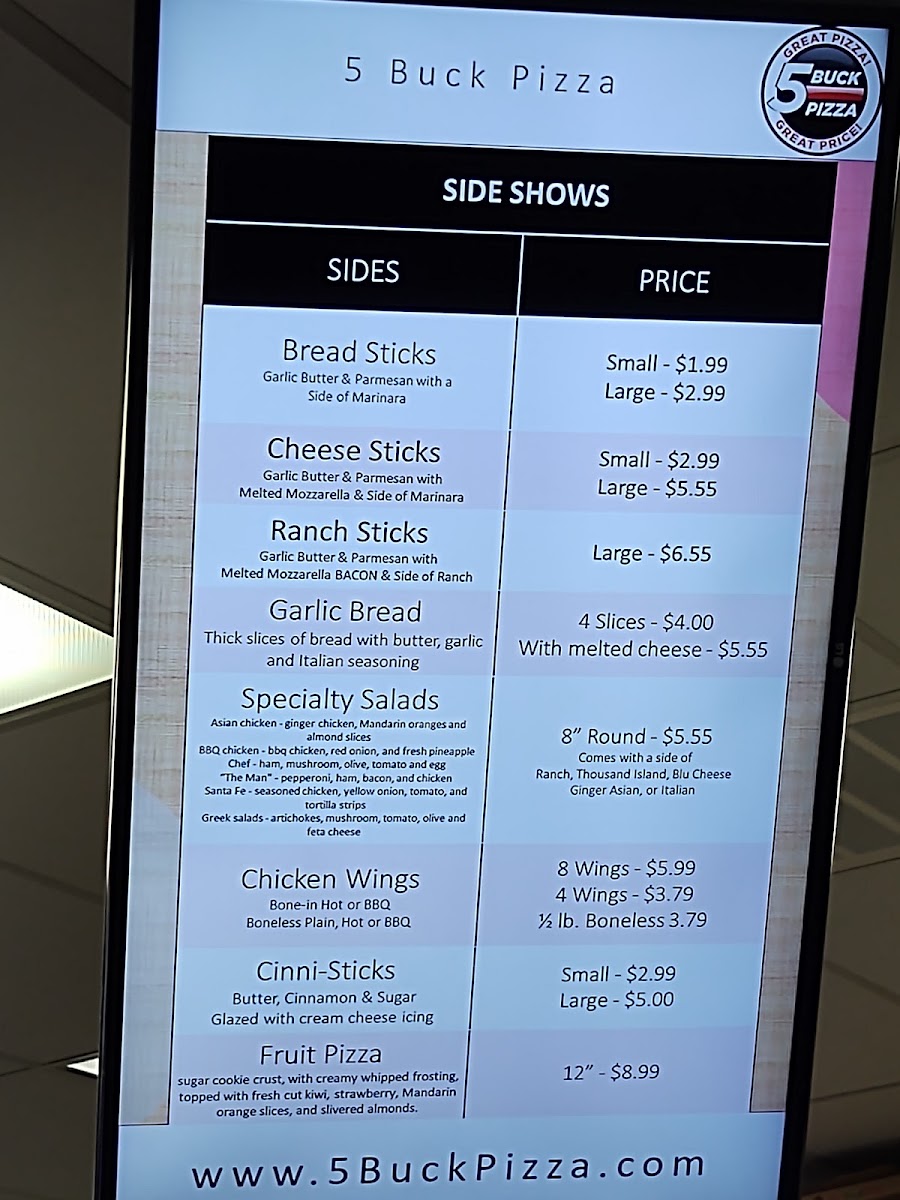 5 Buck Pizza menu board
