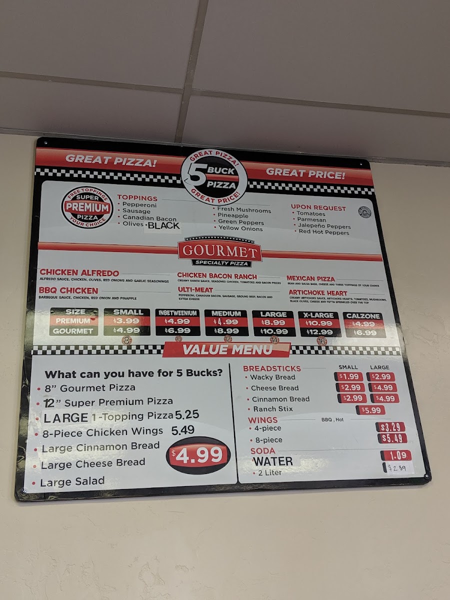 5 Buck Pizza menu board