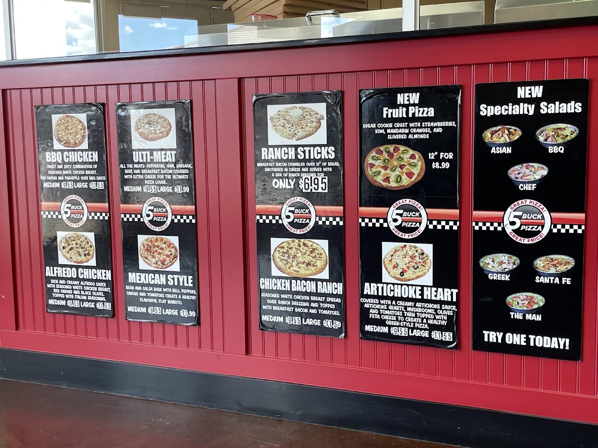 5 Buck Pizza menu board