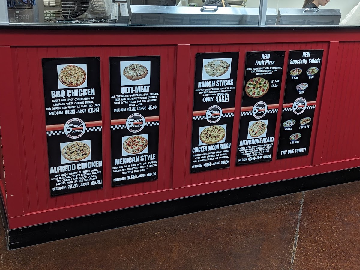 5 Buck Pizza menu board