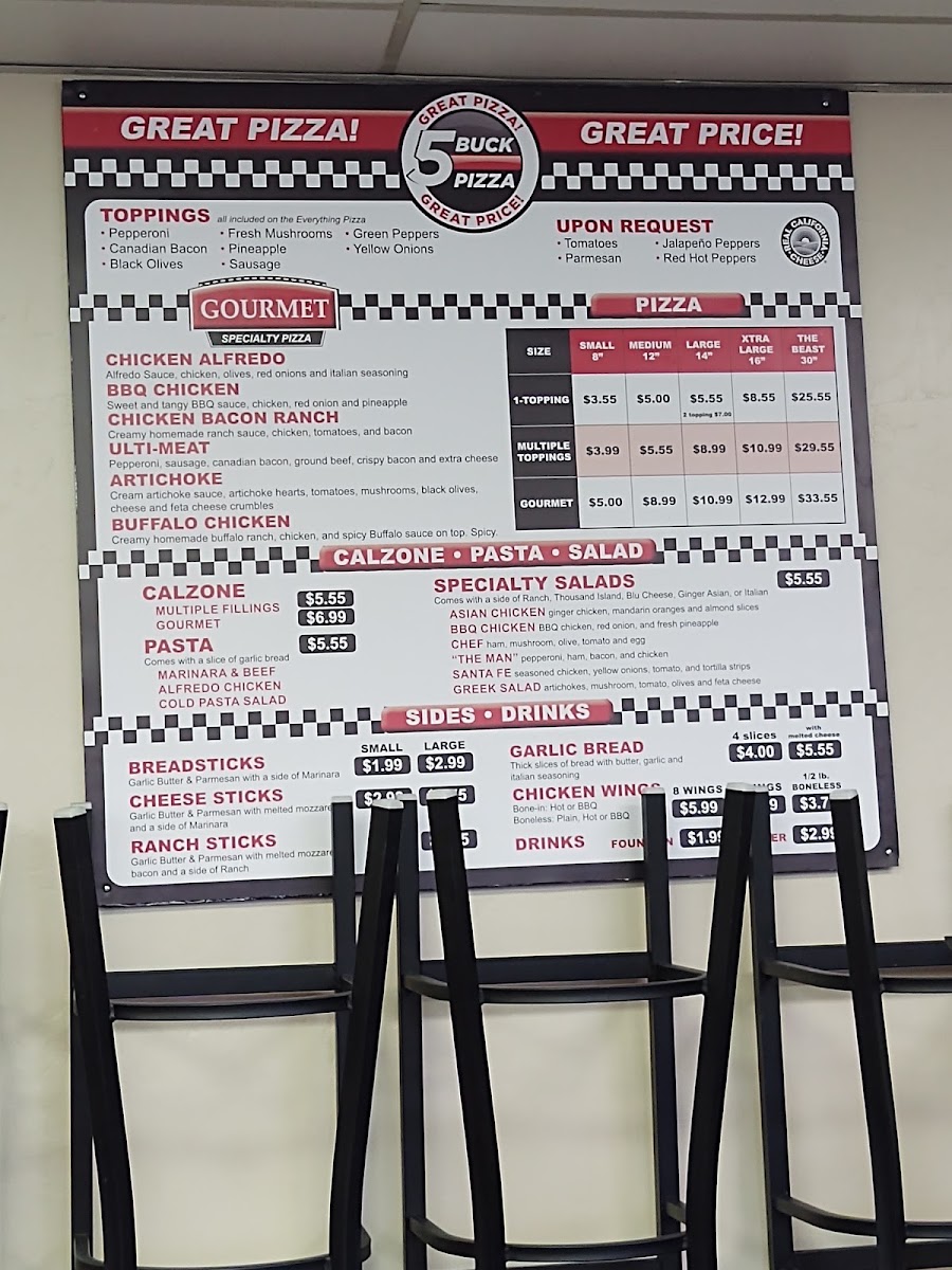 5 Buck Pizza menu board