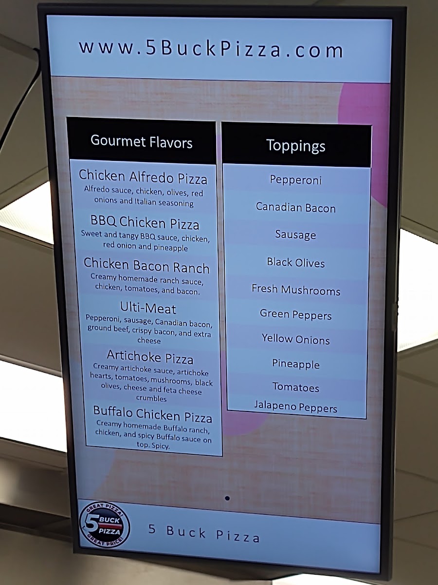 5 Buck Pizza menu board
