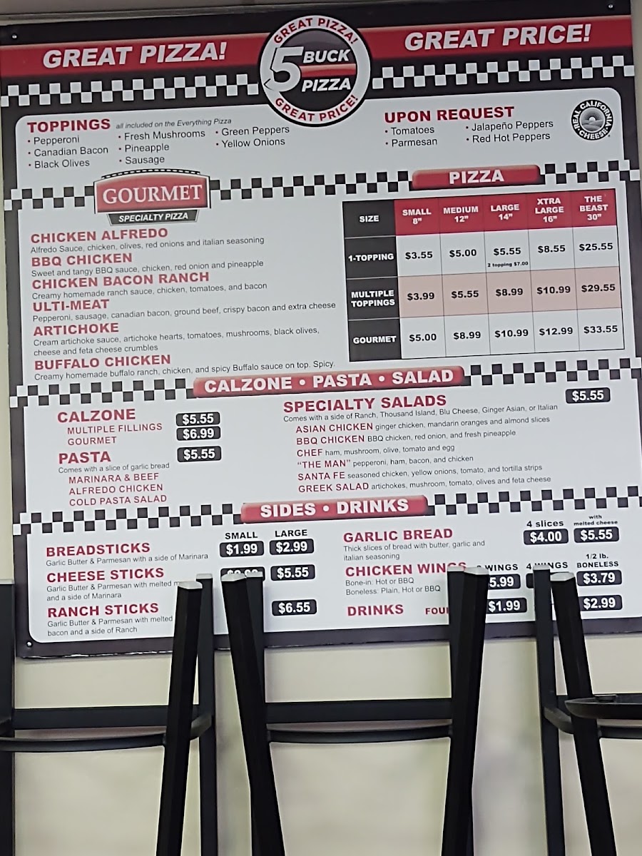 5 Buck Pizza menu board