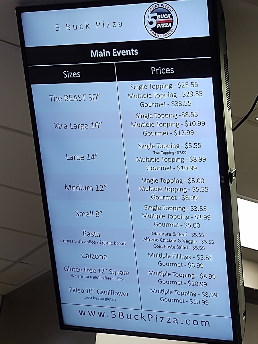 5 Buck Pizza menu board
