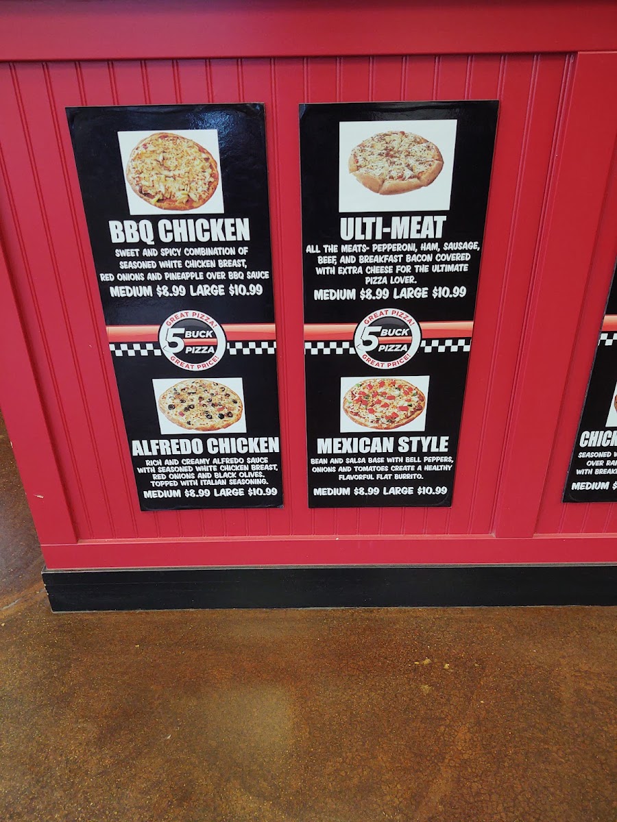 5 Buck Pizza menu board