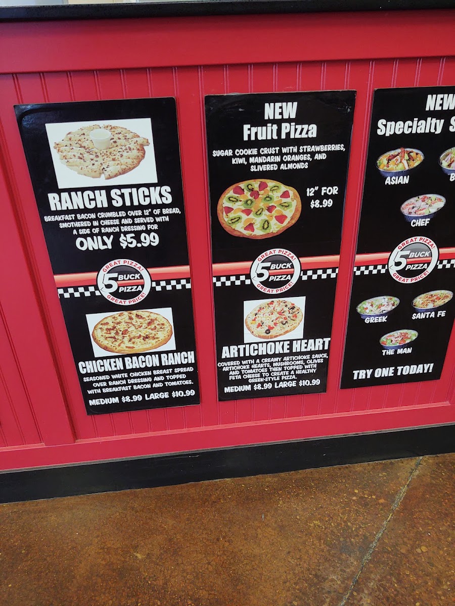 5 Buck Pizza menu board