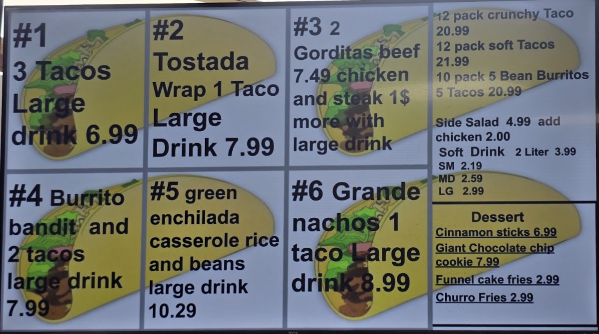 Tulie pizza / Richie's Taco Hut menu board