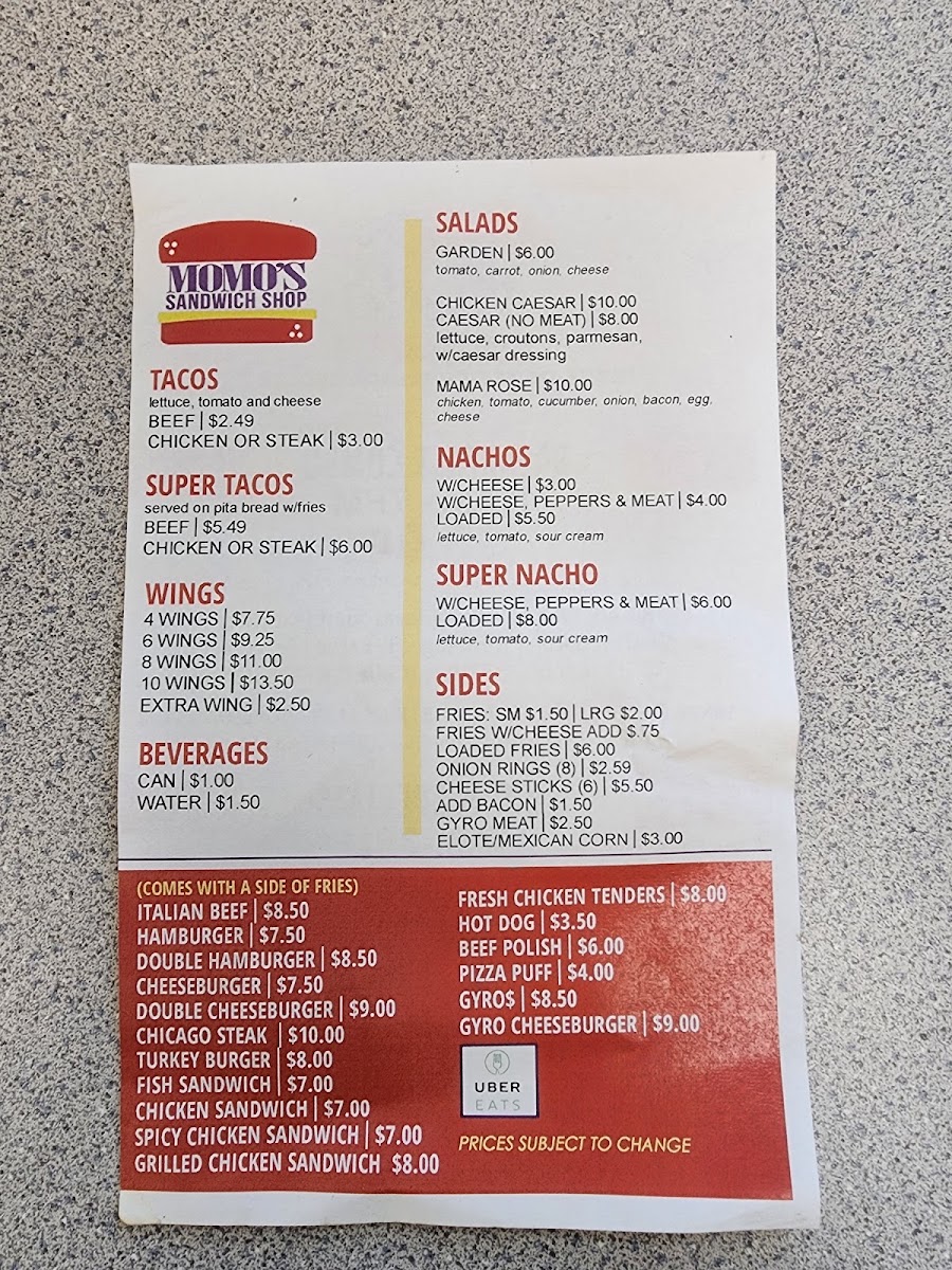 Momo's Sandwich Shop menu board
