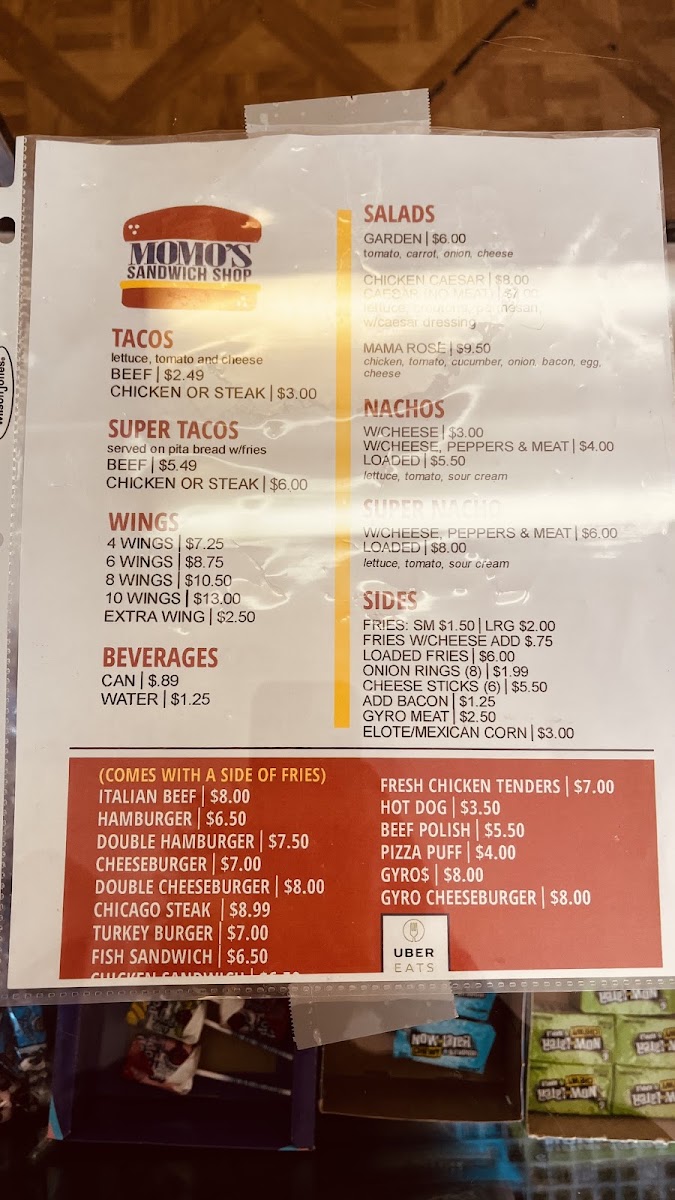 Momo's Sandwich Shop menu board