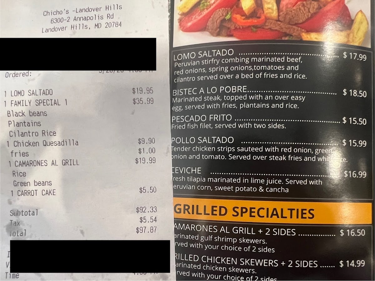 Chicho’s Peruvian Charcoal Chicken menu board