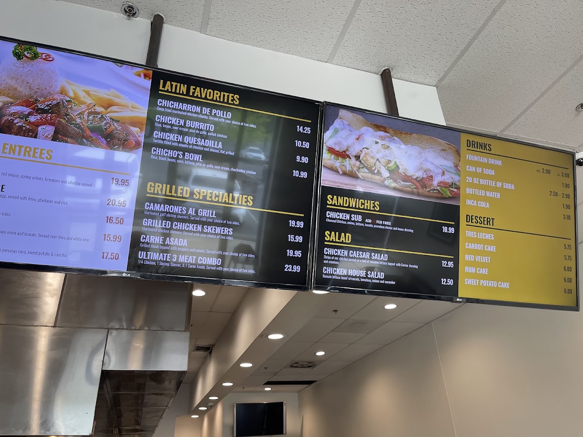 Chicho’s Peruvian Charcoal Chicken menu board