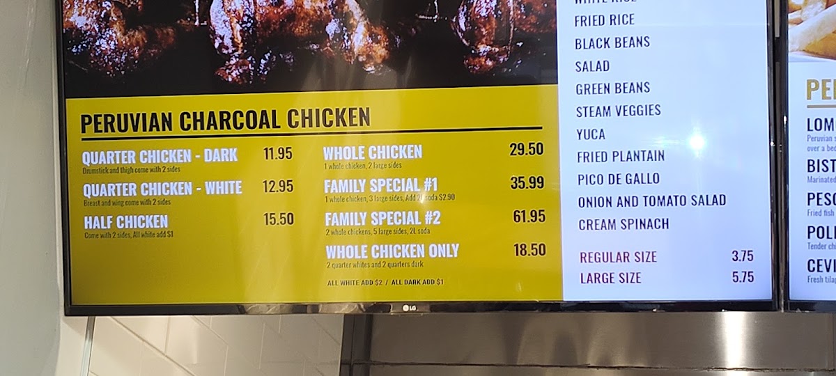 Chicho’s Peruvian Charcoal Chicken menu board