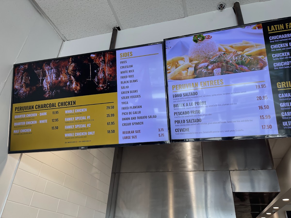Chicho’s Peruvian Charcoal Chicken menu board