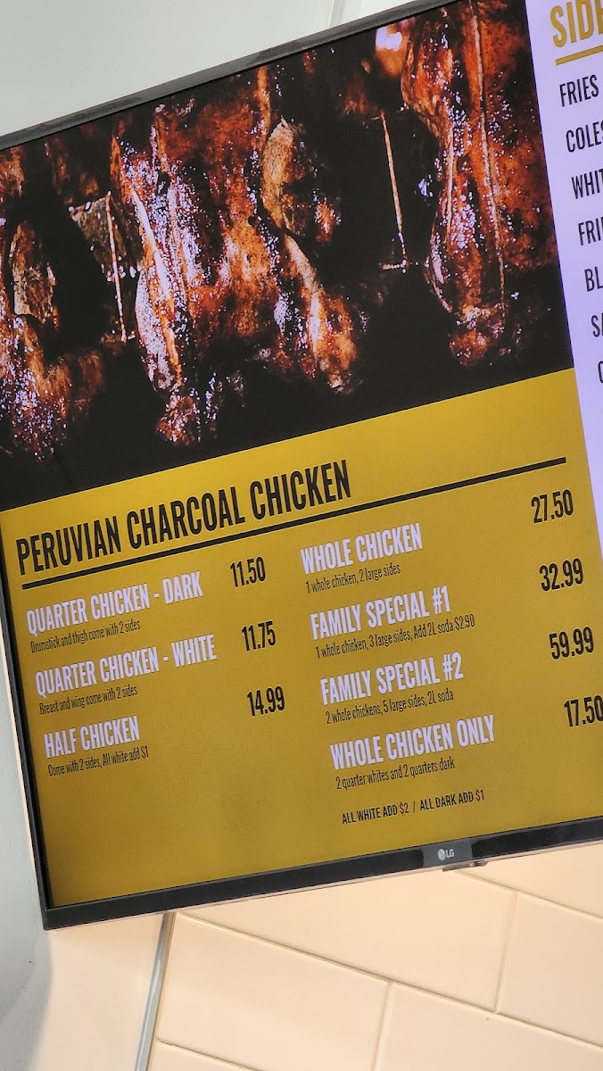 Chicho’s Peruvian Charcoal Chicken menu board