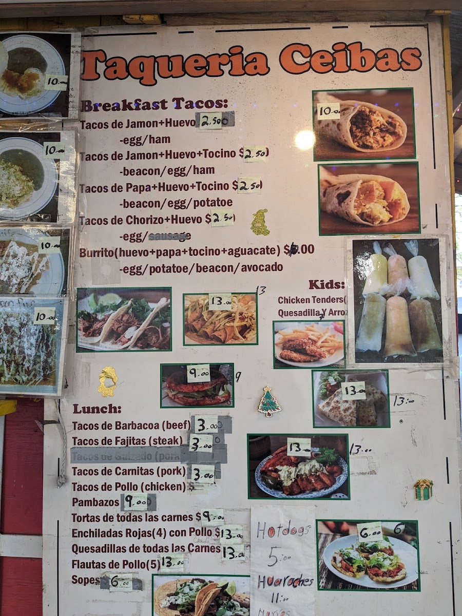 Taqueria Ceibas Tuzantla menu board