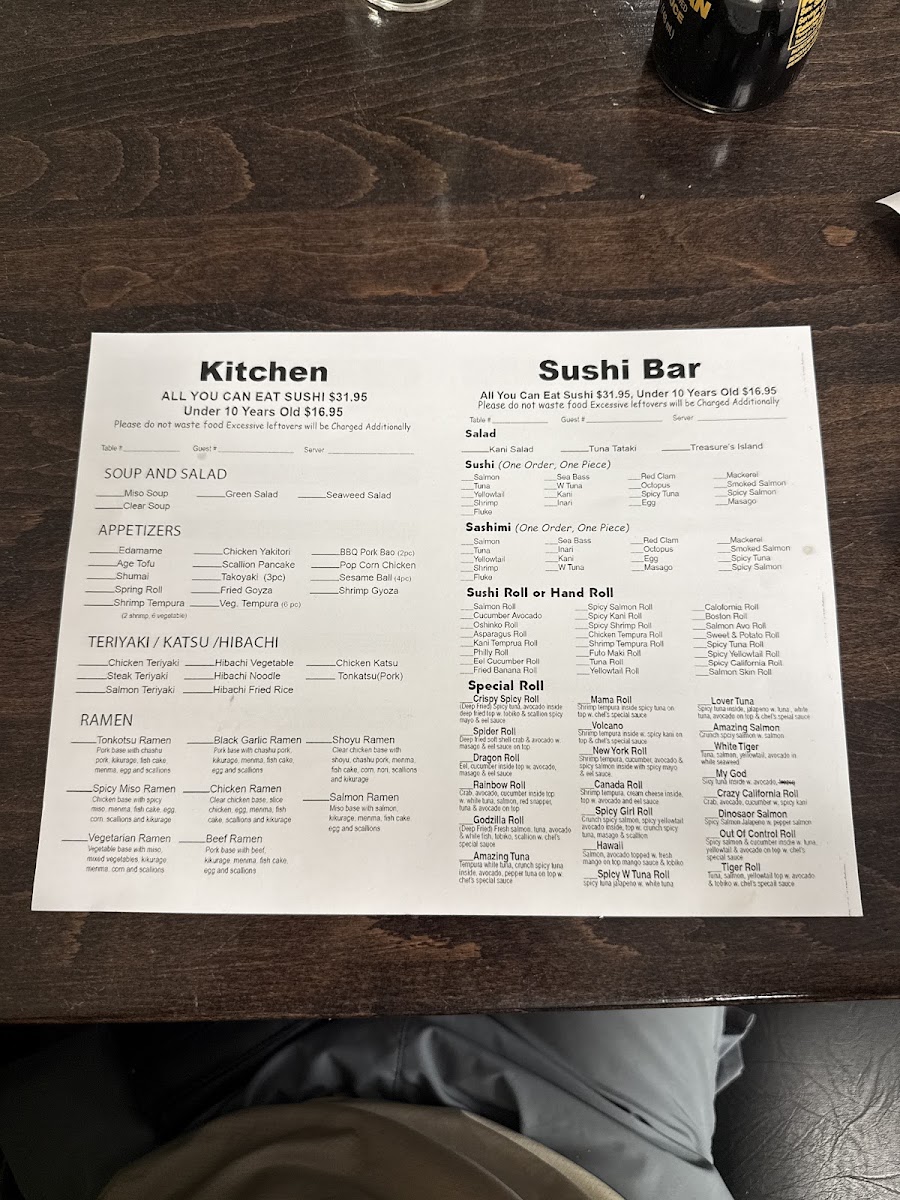Usagi Sushi hibachi and Ramen menu board