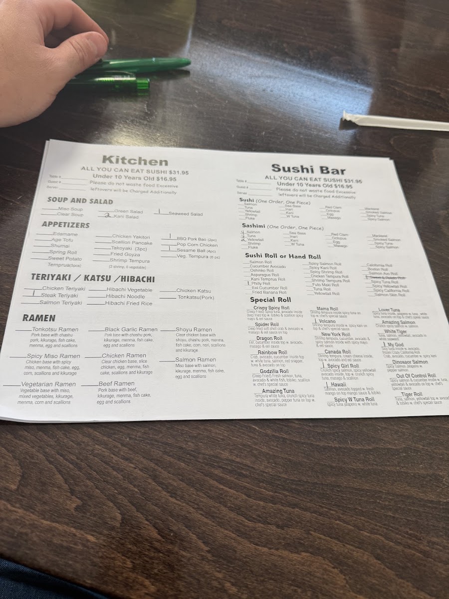 Usagi Sushi hibachi and Ramen menu board