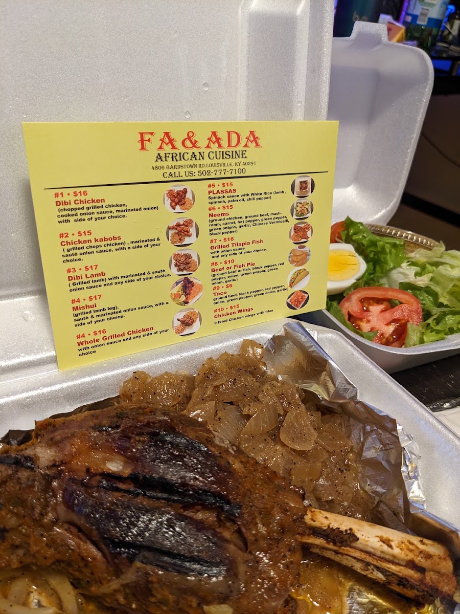 FA & ADA African Cuisine menu board