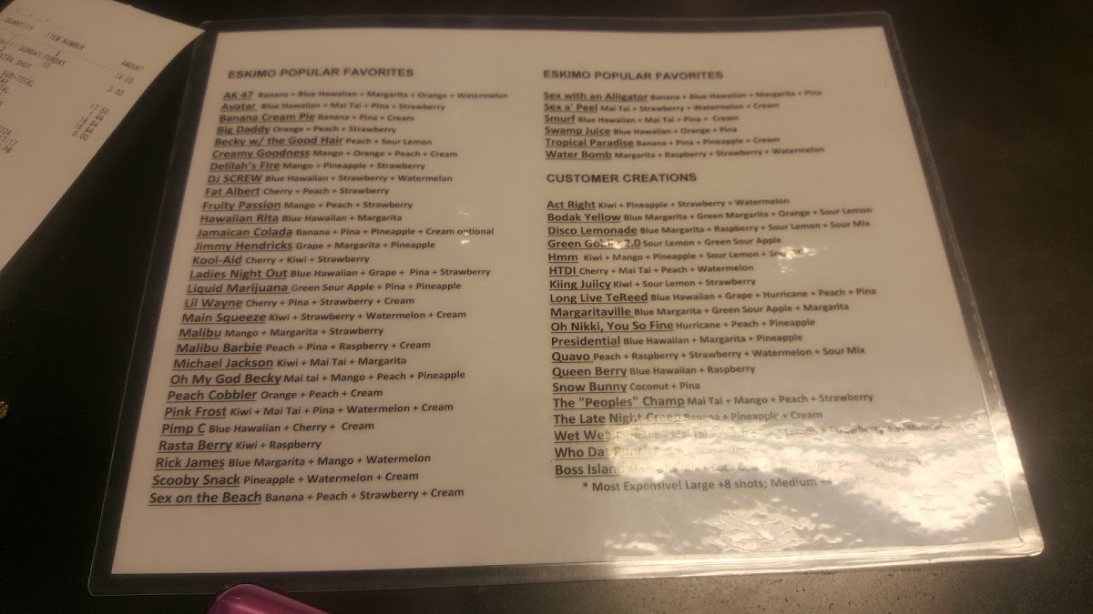 Eskimo Hut - Frozen Daiquiris To-Go, Nicotine and Hemp menu board