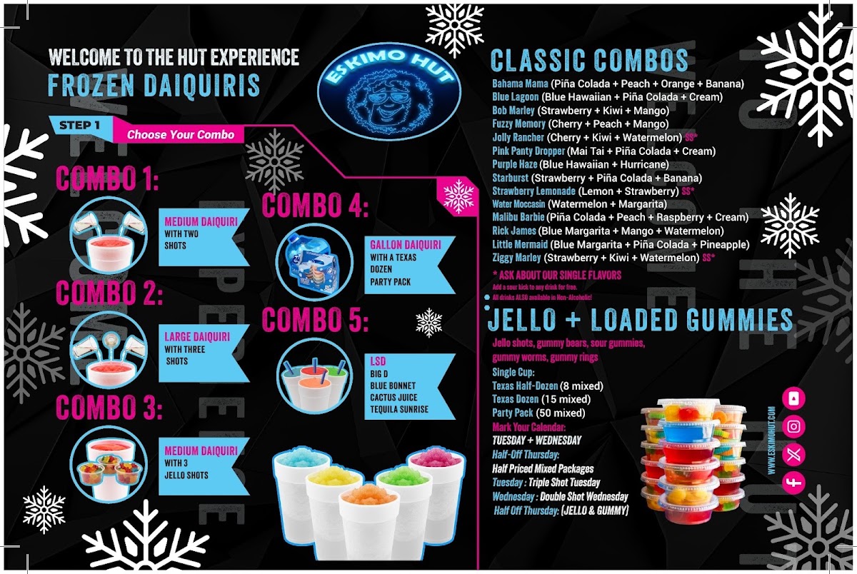 Eskimo Hut - Frozen Daiquiris To-Go, Nicotine and Hemp menu board