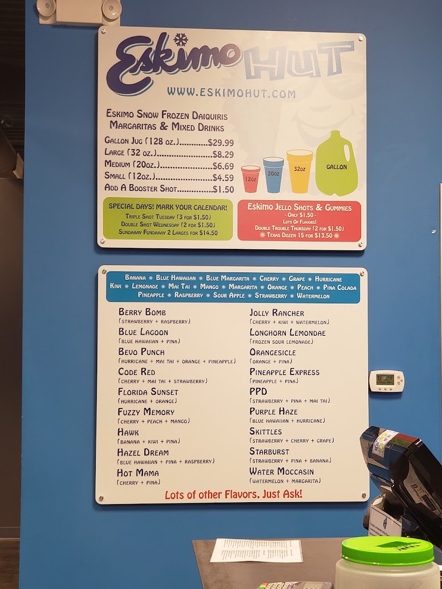 Eskimo Hut - Frozen Daiquiris To-Go, Nicotine and Hemp menu board