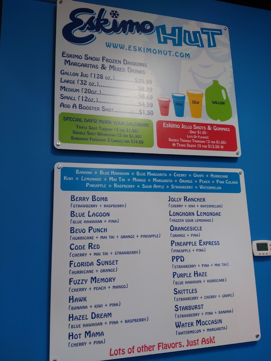 Eskimo Hut - Frozen Daiquiris To-Go, Nicotine and Hemp menu board