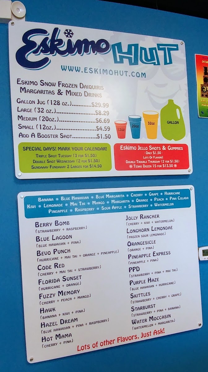 Eskimo Hut - Frozen Daiquiris To-Go, Nicotine and Hemp menu board