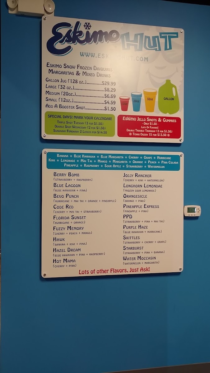 Eskimo Hut - Frozen Daiquiris To-Go, Nicotine and Hemp menu board