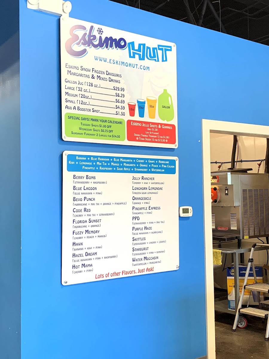 Eskimo Hut - Frozen Daiquiris To-Go, Nicotine and Hemp menu board