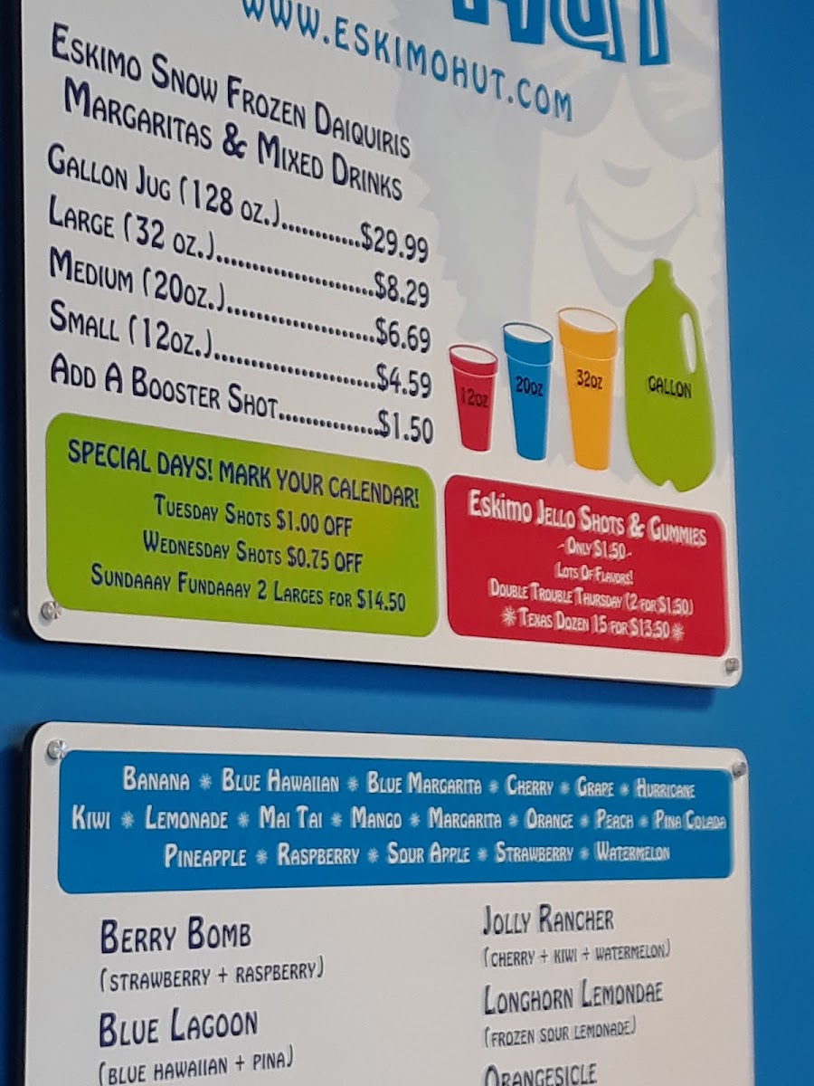 Eskimo Hut - Frozen Daiquiris To-Go, Nicotine and Hemp menu board