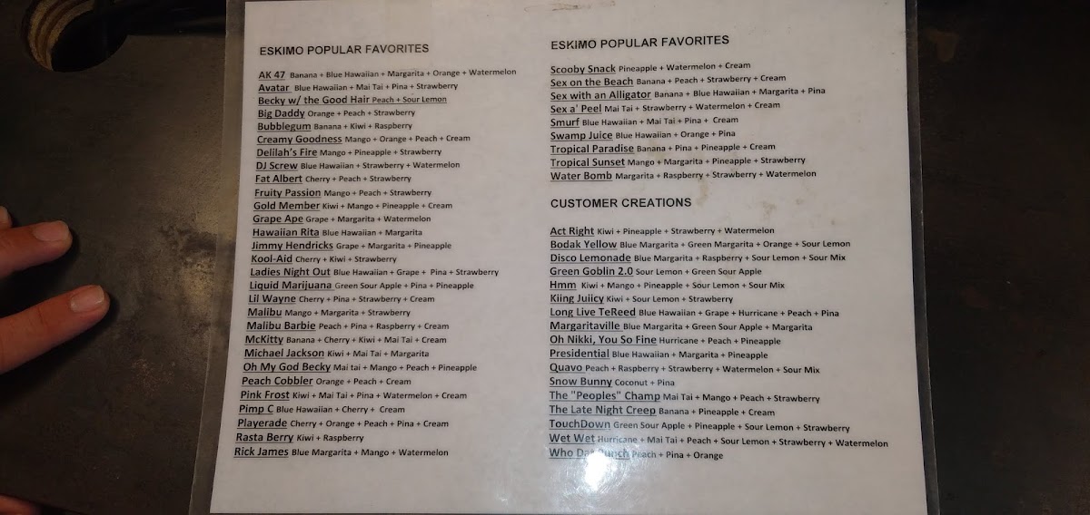 Eskimo Hut - Frozen Daiquiris To-Go, Nicotine and Hemp menu board