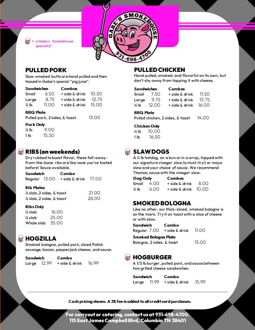 Gabe's Smokehouse menu board