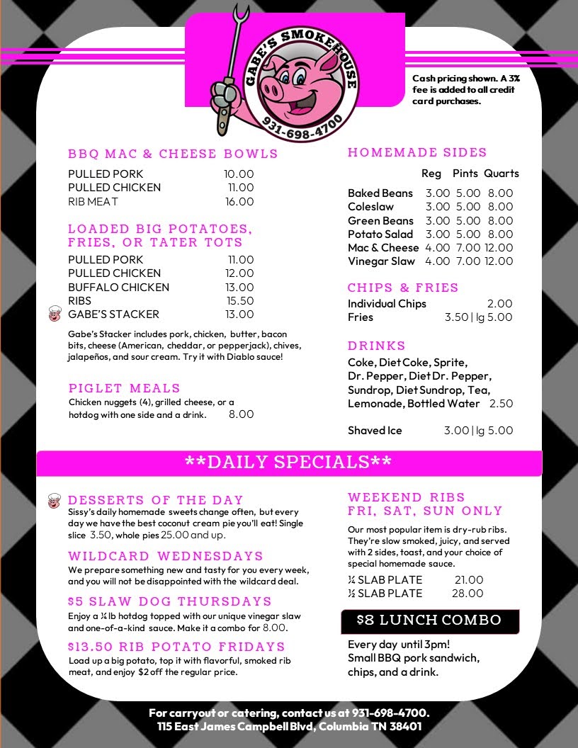 Gabe's Smokehouse menu board