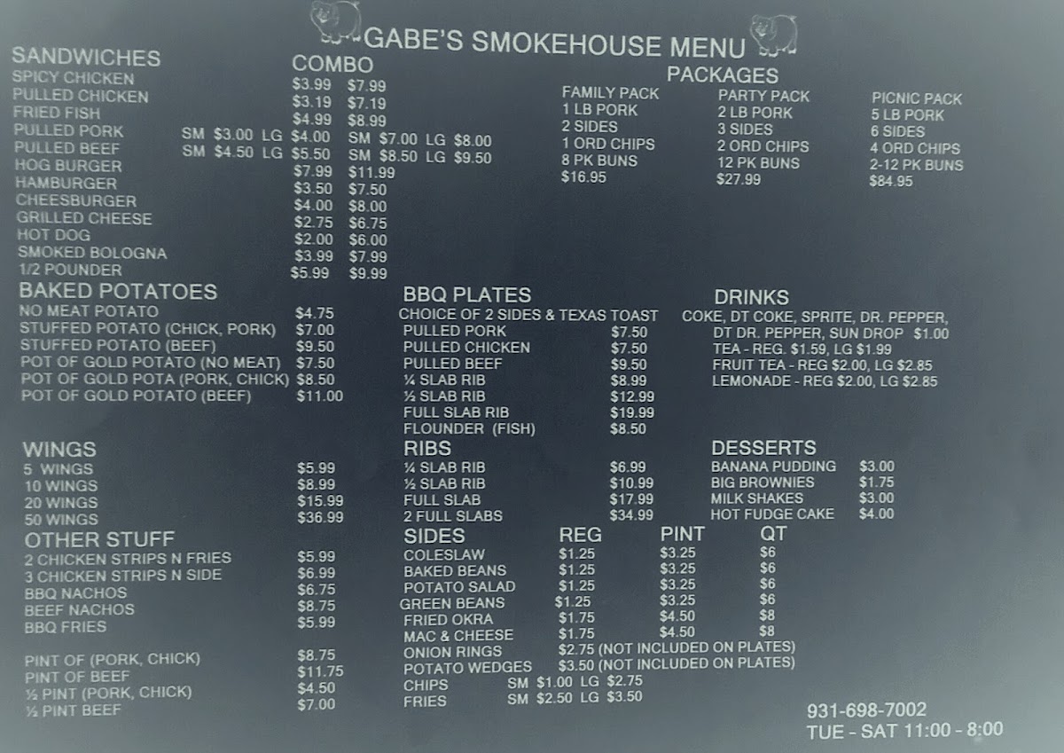 Gabe's Smokehouse menu board
