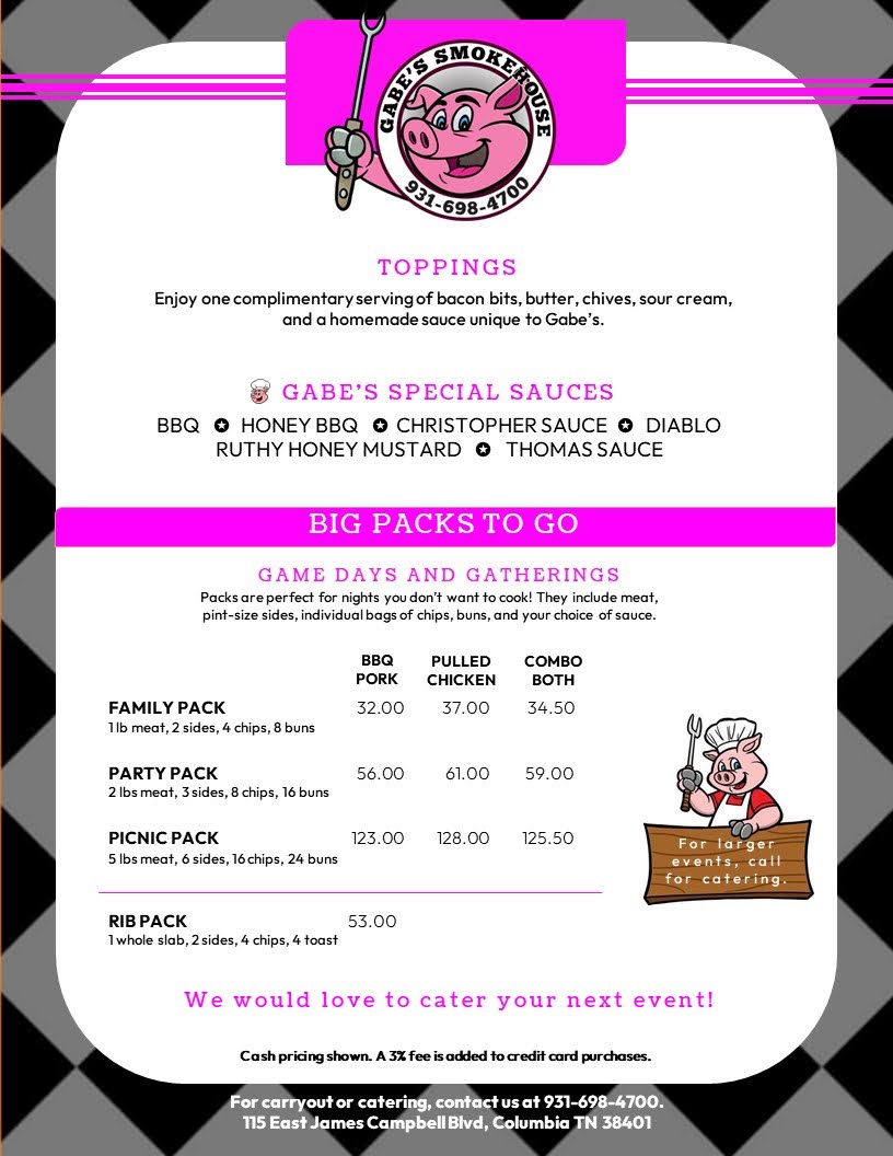 Gabe's Smokehouse menu board