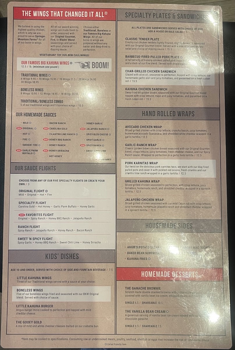 Big Kahuna Wings - Maryville menu board