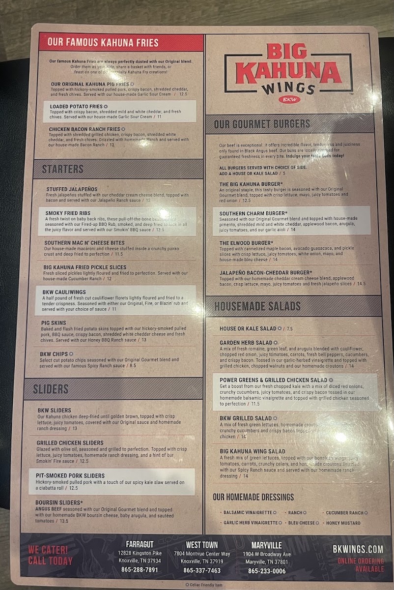 Big Kahuna Wings - Maryville menu board