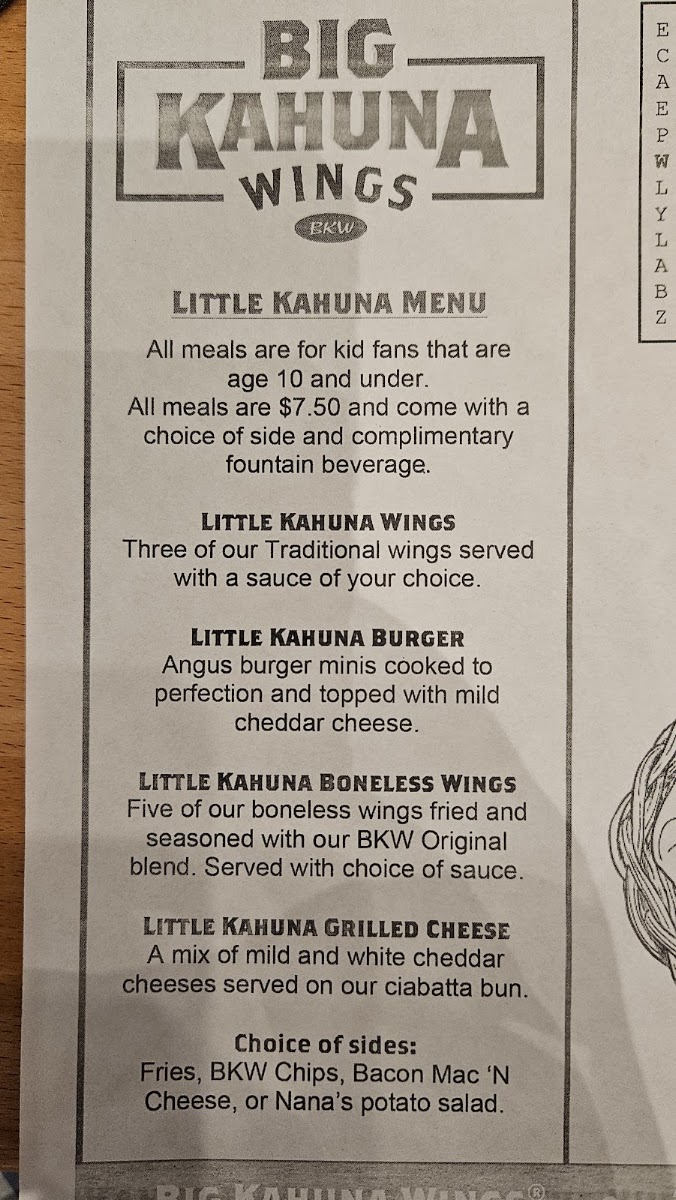 Big Kahuna Wings - Maryville menu board