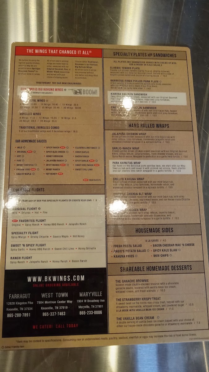 Big Kahuna Wings - Maryville menu board