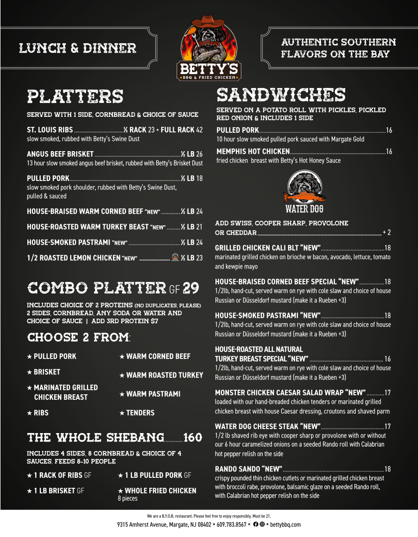 Betty's BBQ & Fried Chicken menu board