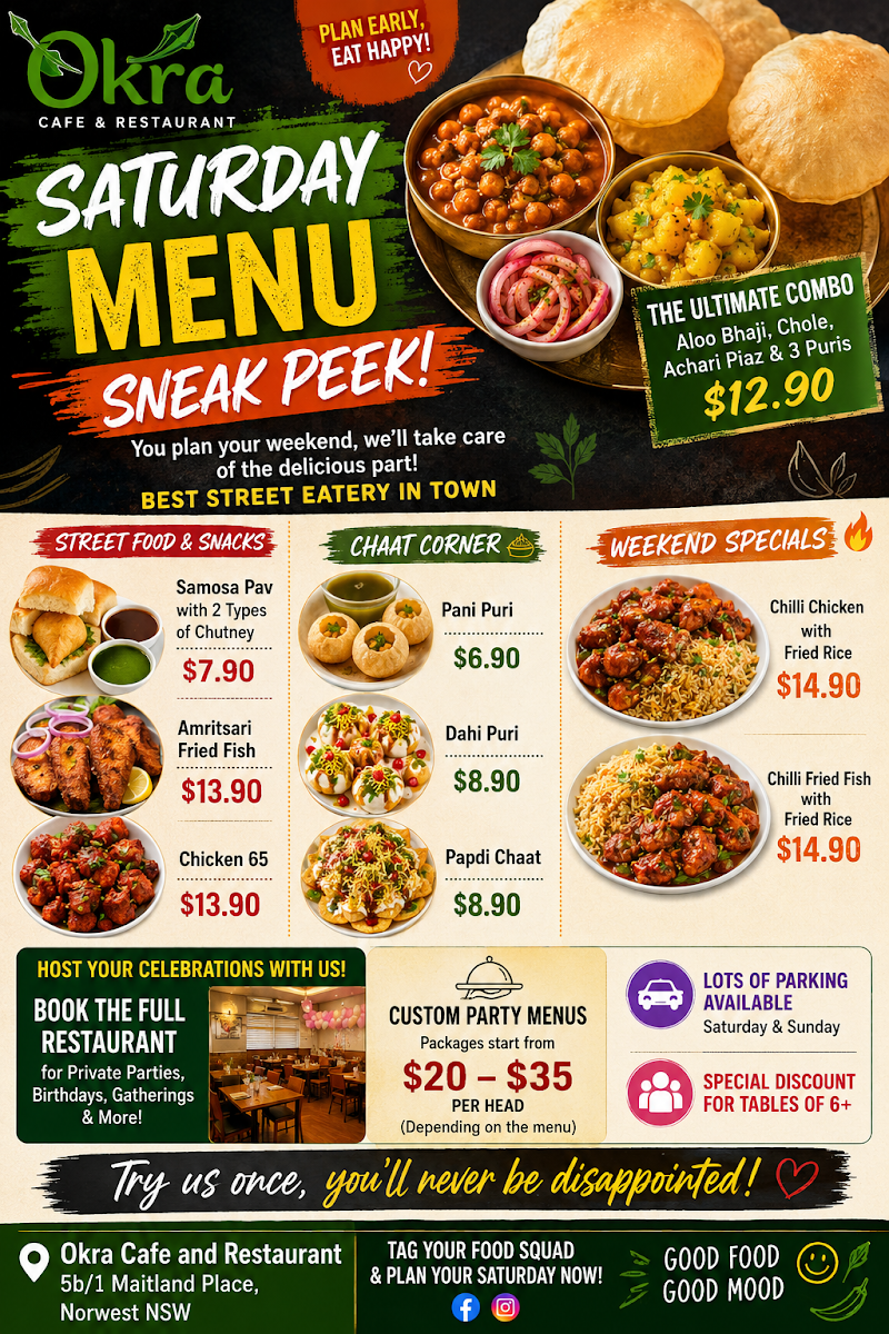 Okra cafe & catering under new management menu board