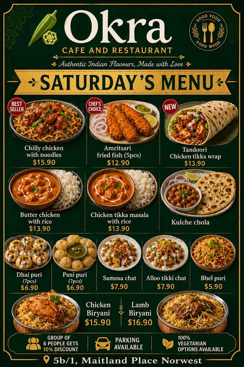 Okra cafe & catering under new management menu board