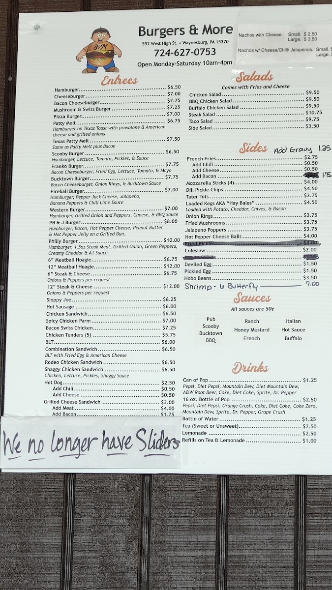 Burgers & More menu board