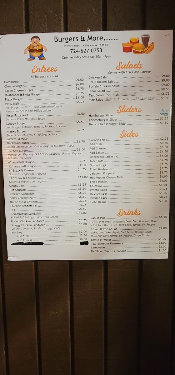 Burgers & More menu board