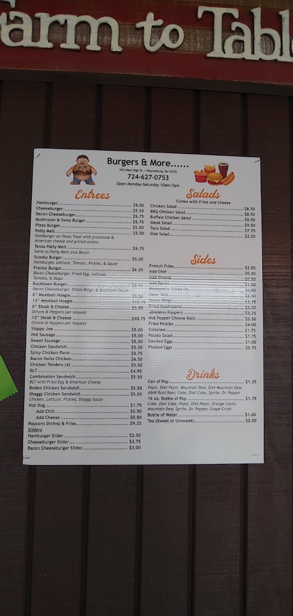 Burgers & More menu board
