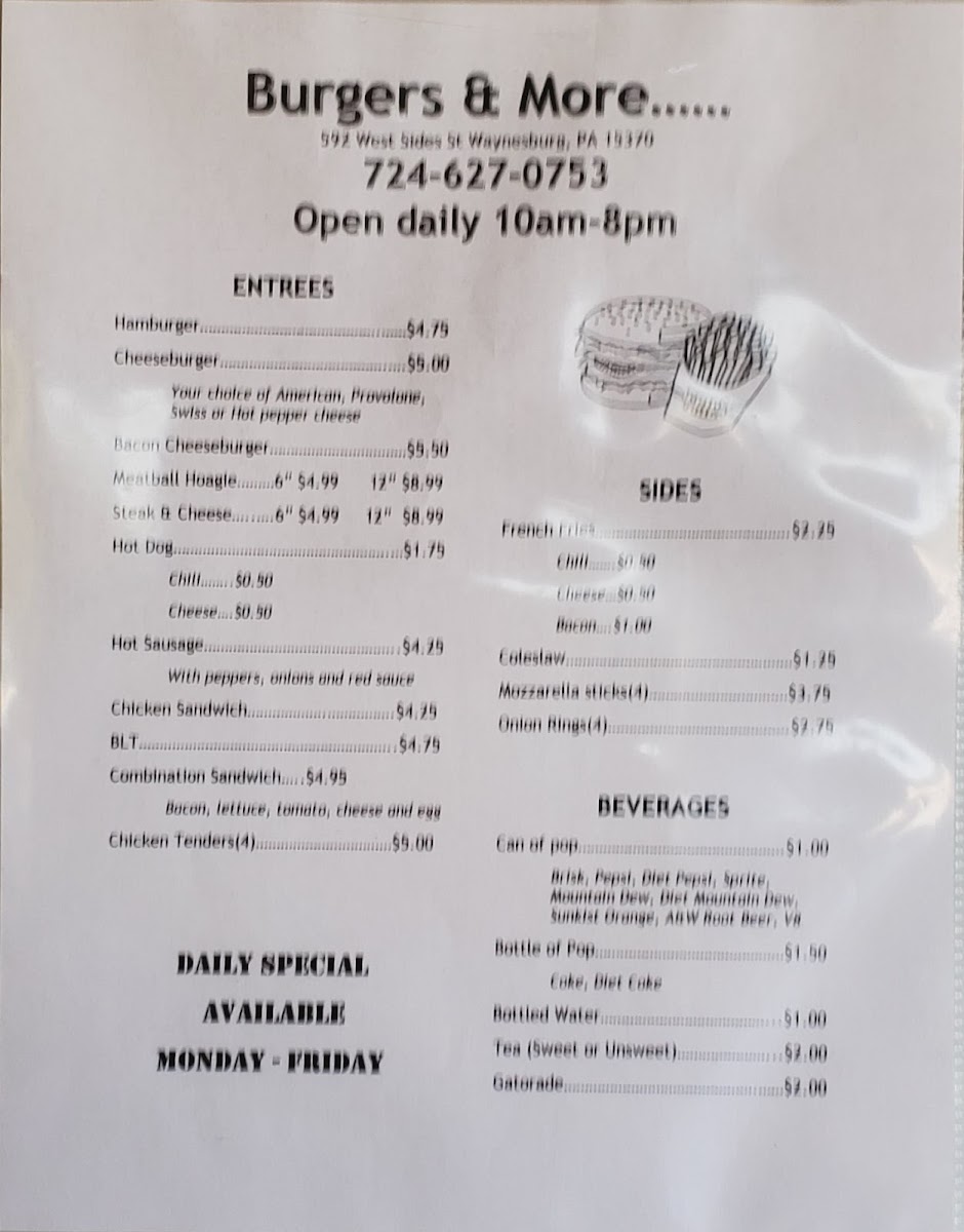 Burgers & More menu board