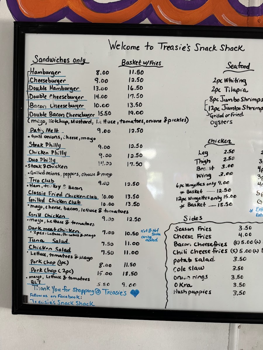 Treasie's Snack Shack menu board