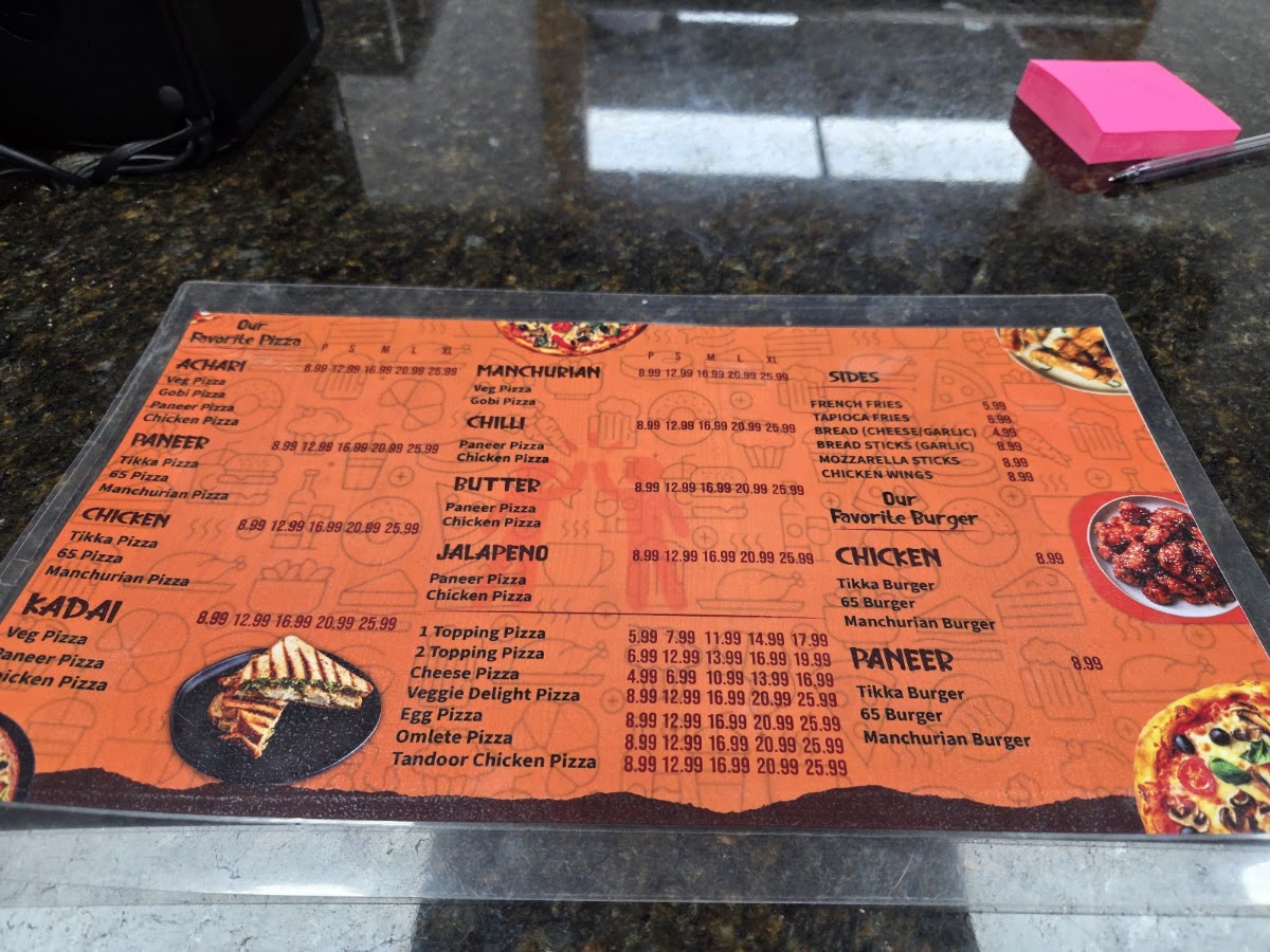 Hifi Bros - Indian Pizza, Burgers & Biryani menu board