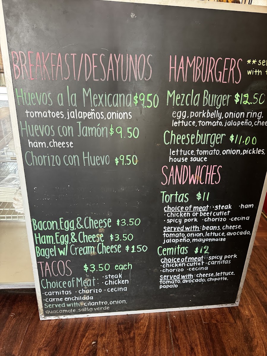 Mezcla Deli Corp menu board