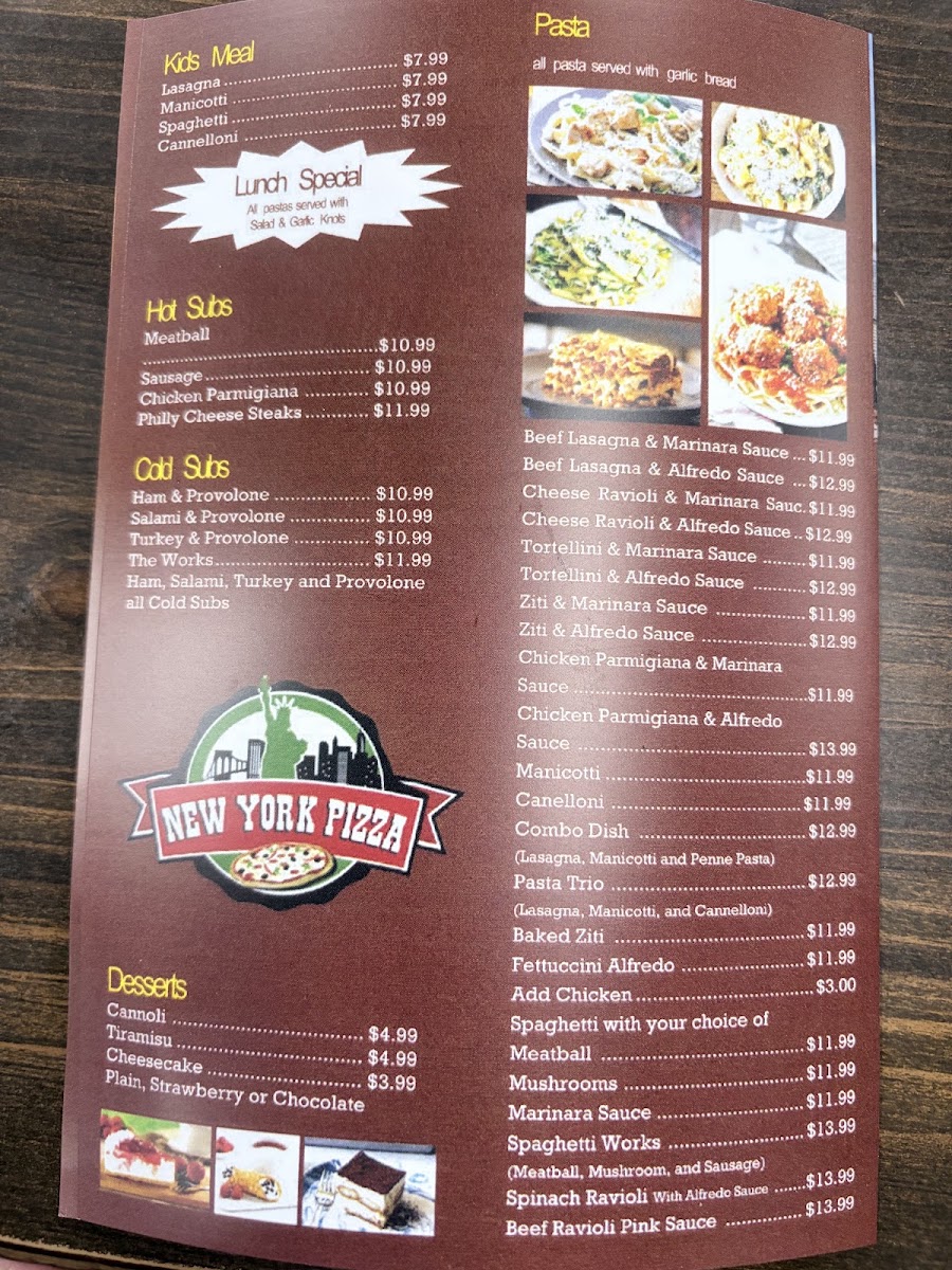New York Pizza Pasta menu board